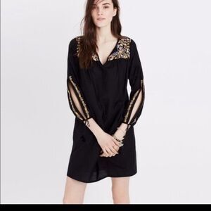 Madewell Mini Dress Size Small Black Floral Embroidered Slit Sleeve Cotton Boho